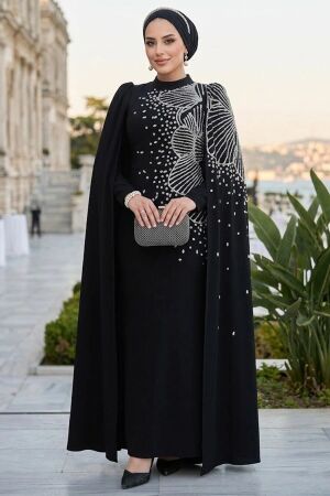 Kolları Pelerinli Siyah Tesettür Abiye Elbise 51671S - 1