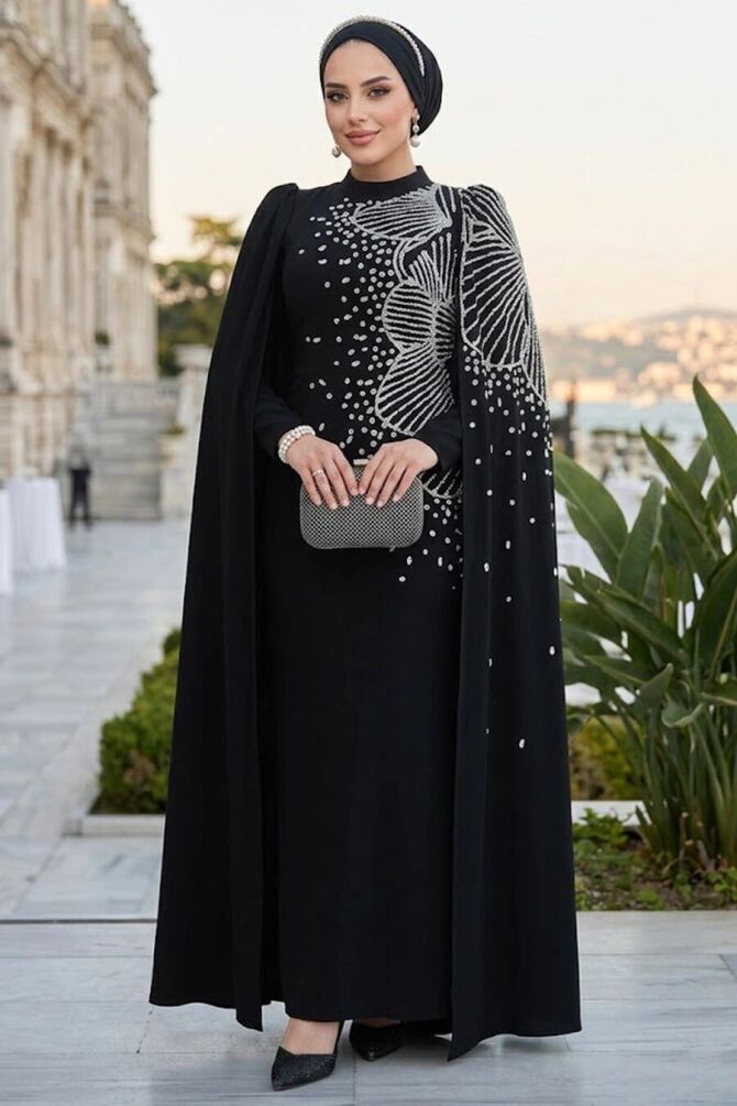 Kolları Pelerinli Siyah Tesettür Abiye Elbise 51671S - 1