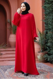 Kolları Pileli Kırmızı Tesettür Elbise 57352K - Thumbnail