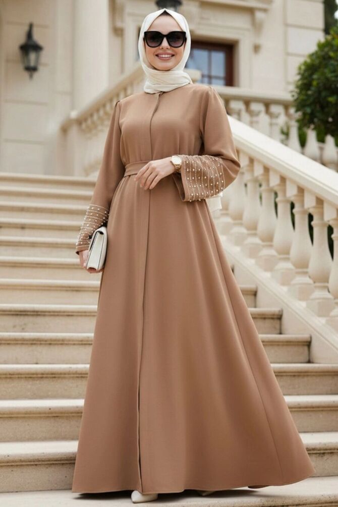 Kolları Taş İşlemeli Camel Tesettür Abaya Elbise 60041C - 1