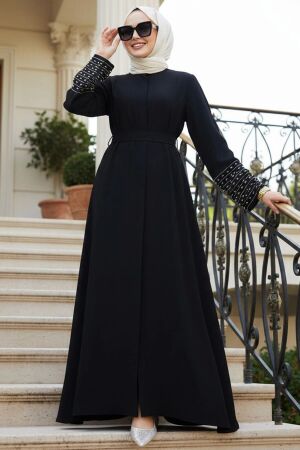 Kolları Taş İşlemeli Siyah Tesettür Abaya Elbisee 60041S 