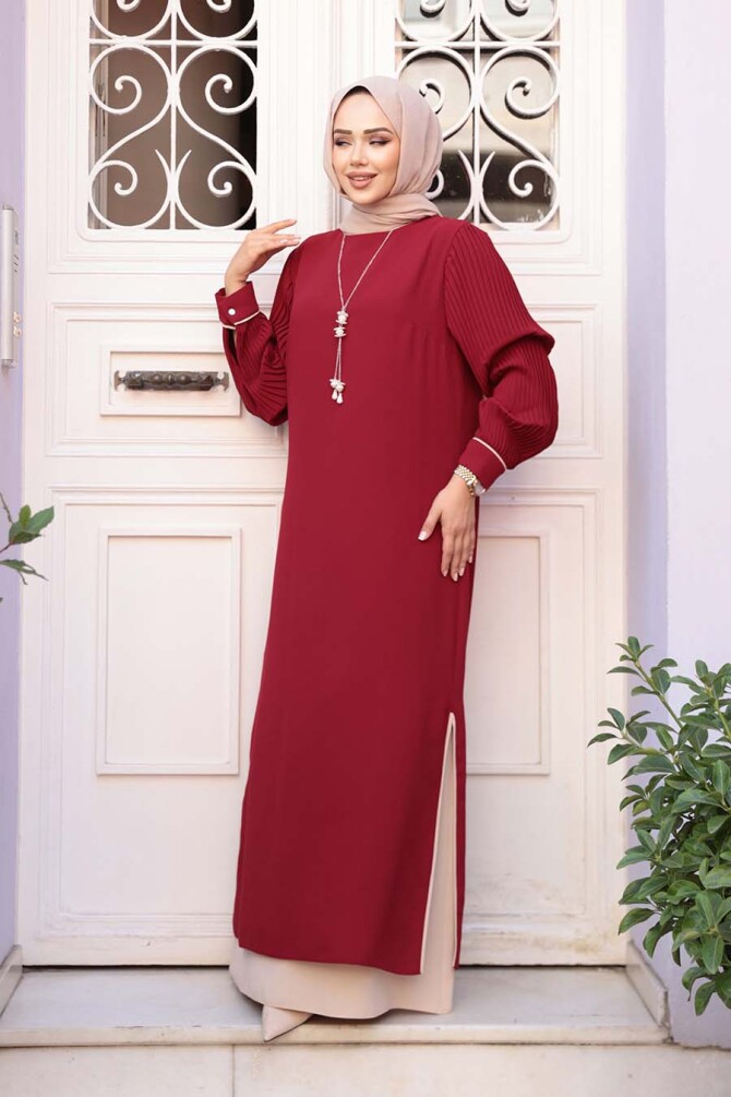 Kolyeli Bordo Tesettür Elbise 76881BR - 3
