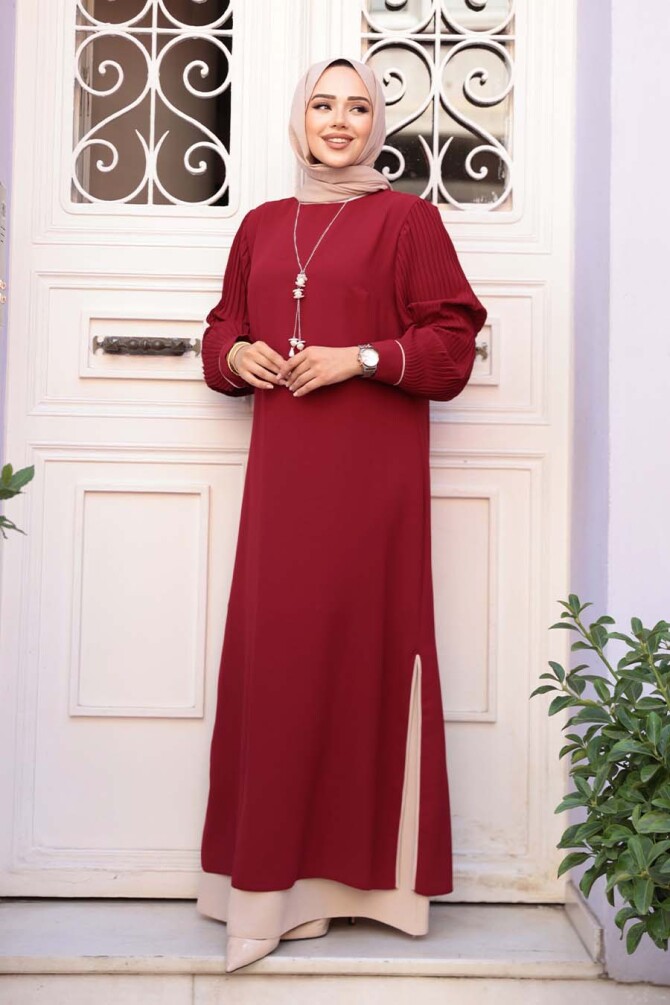 Kolyeli Bordo Tesettür Elbise 76881BR - 2