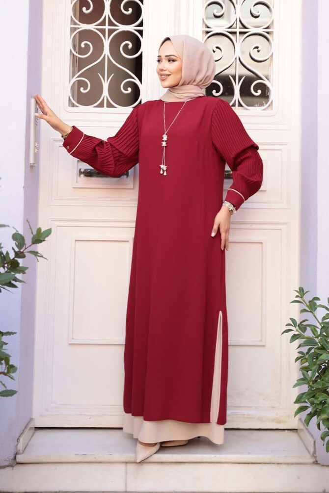 Kolyeli Bordo Tesettür Elbise 76881BR - 1