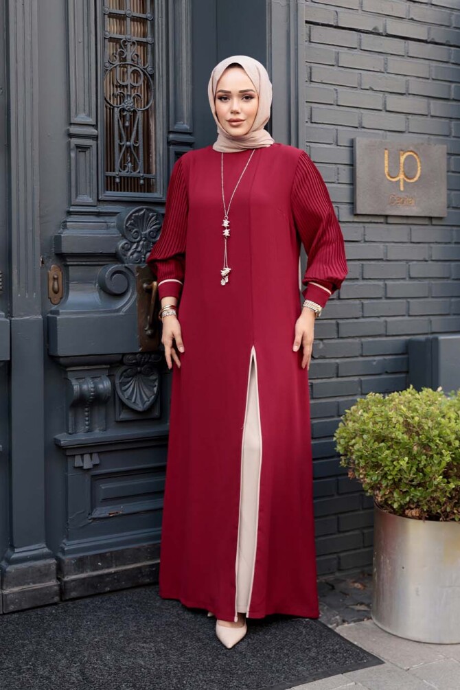 Kolyeli Bordo Tesettür İkili Takım 76161BR - 1