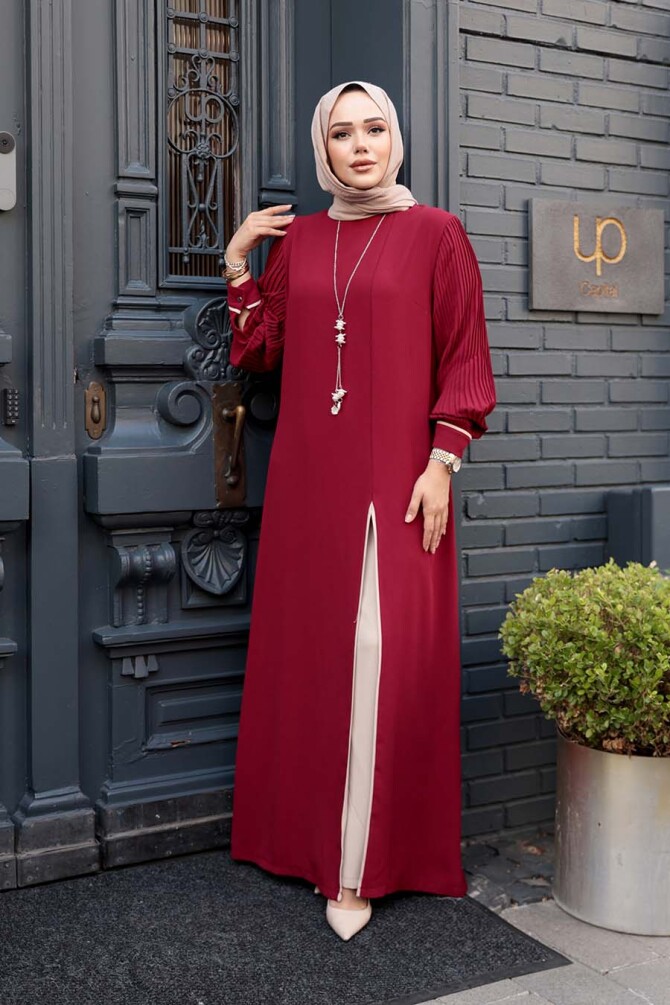 Kolyeli Bordo Tesettür İkili Takım 76161BR - 2