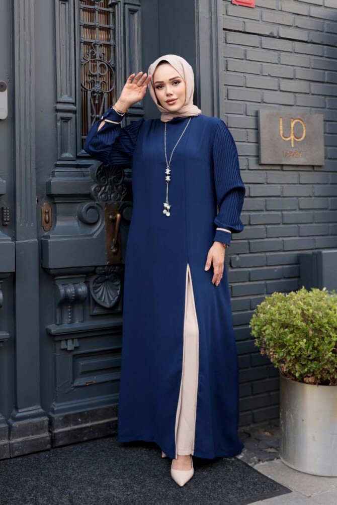 Kolyeli Lacivert Tesettür İkili Takım 76161L - 1