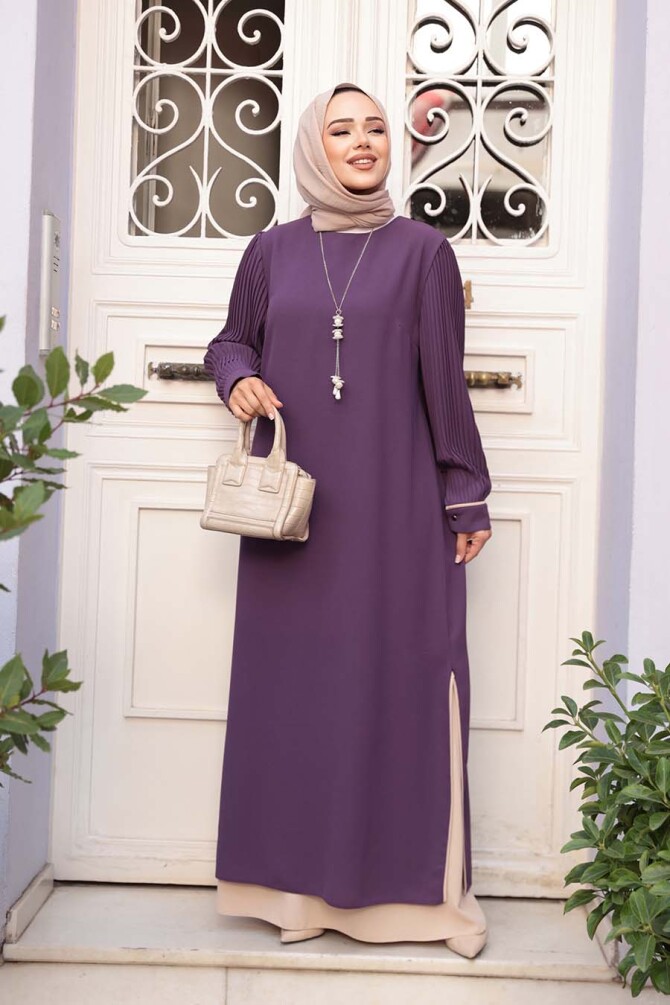 Kolyeli Lila Tesettür Elbise 76881LILA - 3
