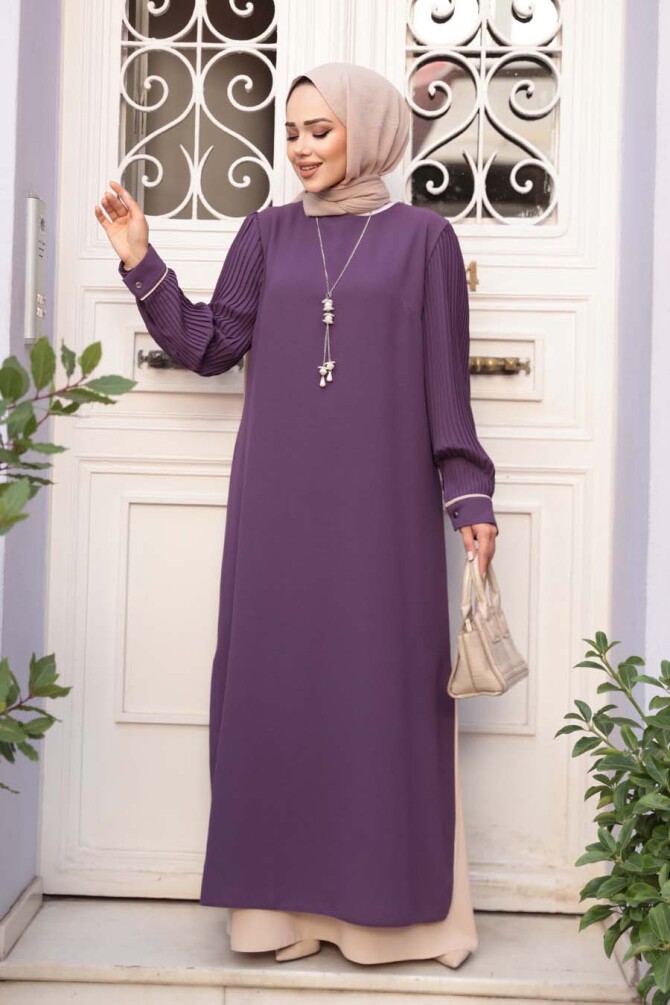 Kolyeli Lila Tesettür Elbise 76881LILA - 4