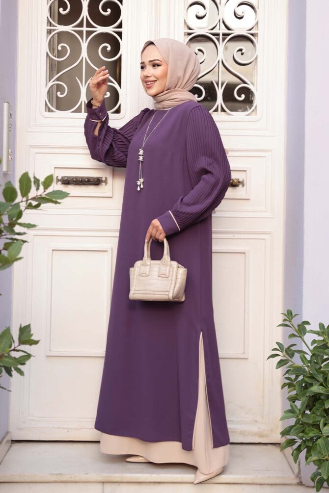 Kolyeli Lila Tesettür Elbise 76881LILA - 1