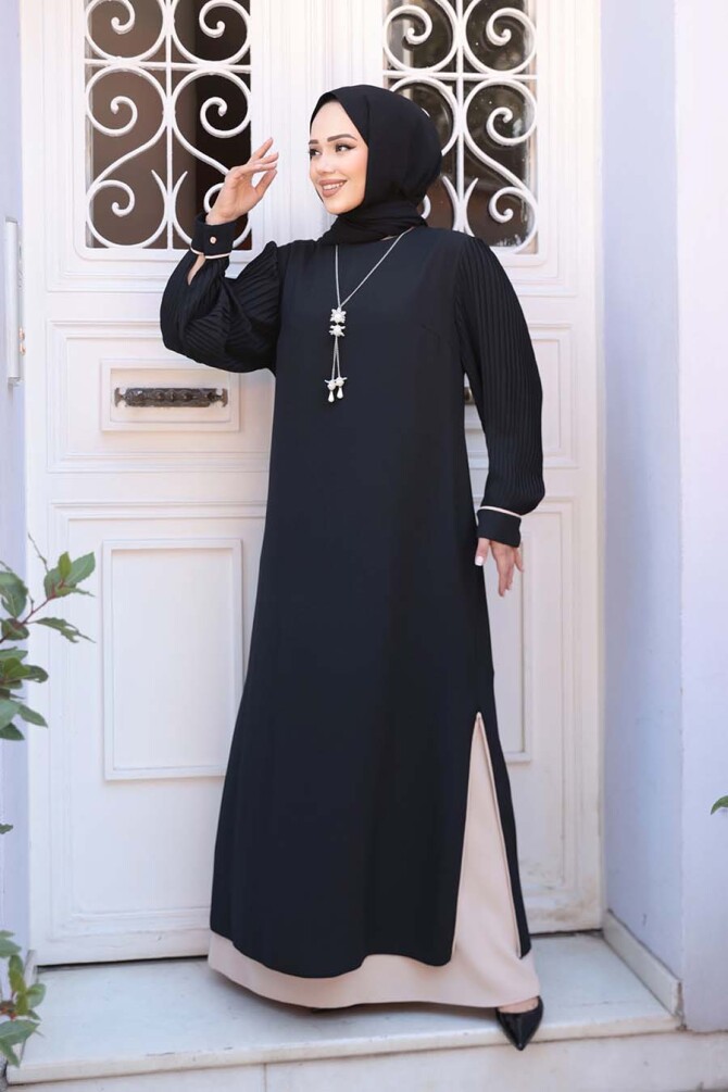 Kolyeli Siyah Tesettür Elbise 76881S - 1