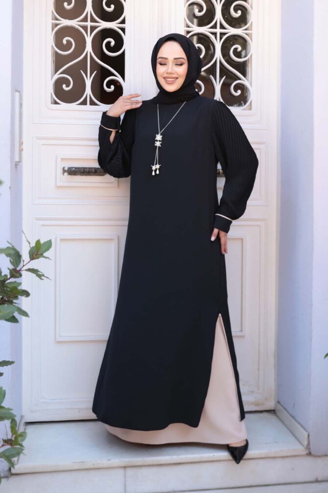 Kolyeli Siyah Tesettür Elbise 76881S - 2