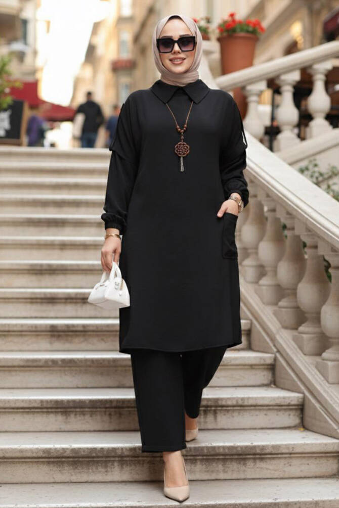 Kolyeli Siyah Tesettür İkili Takım 52631S - 1