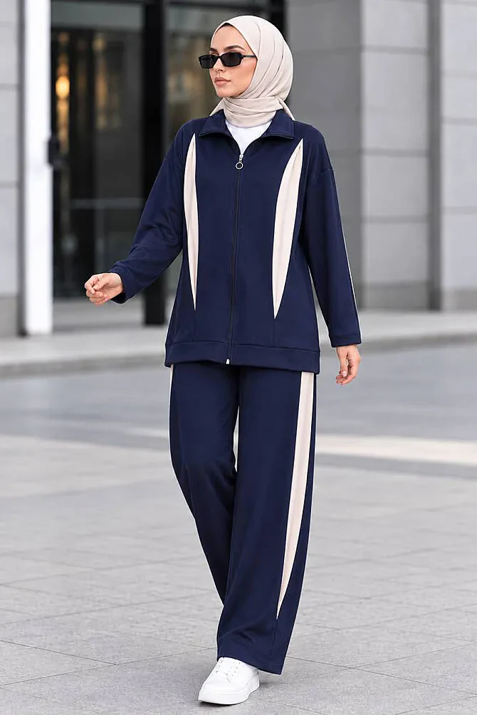 Contrast Panel Detail Zip-Up Oysho Navy Modest Two-Piece Set 10606L - 1