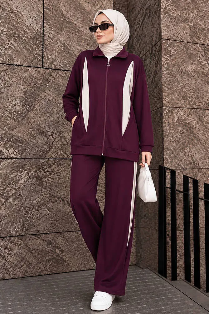 Contrast Panel Detail Zip-Up Oysho Cherry Modest Two-Piece Set 10606VSN - 1