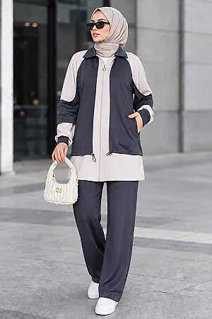 Contrast Color Detail Zip-Up Oysho Anthracite Modest Two-Piece Set 10430ANT 