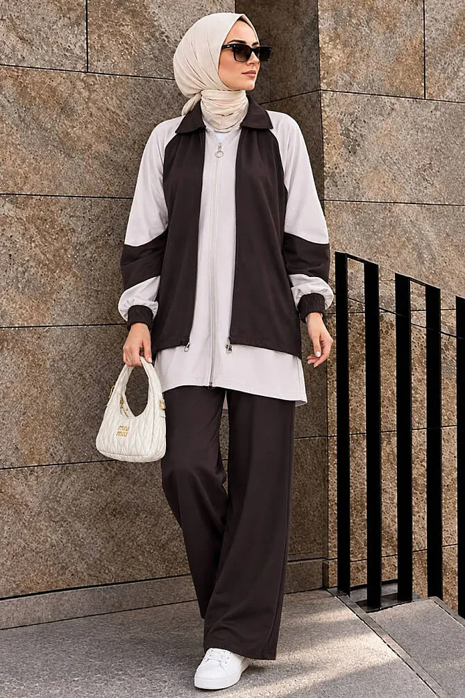 Contrast Color Detail Zip-Up Oysho Dark Brown Modest Two-Piece Set 10430KKH - 1