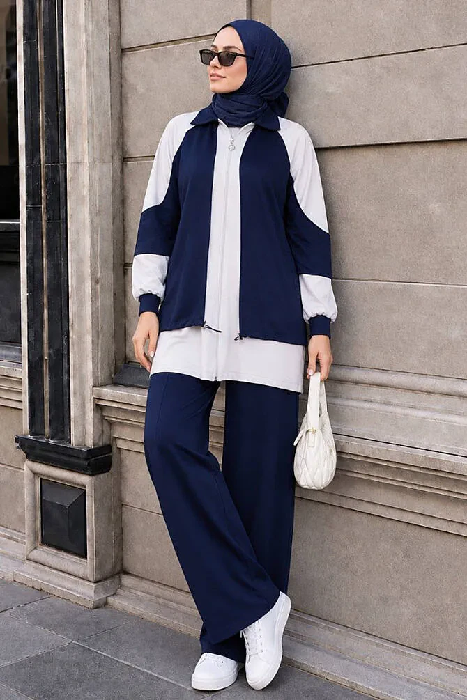 Contrast Color Detail Zip-Up Oysho Navy Modest Two-Piece Set 10430L - 1
