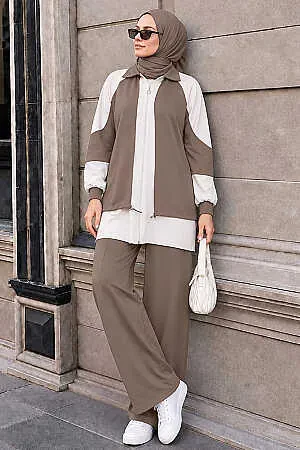 Contrast Color Detail Zip-Up Oysho Mink Modest Two-Piece Set 10430V 