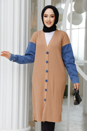 Kot Detaylı Camel Tesettür Triko Hırka 87771C - 2