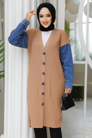 Kot Detaylı Camel Tesettür Triko Hırka 87771C - 1