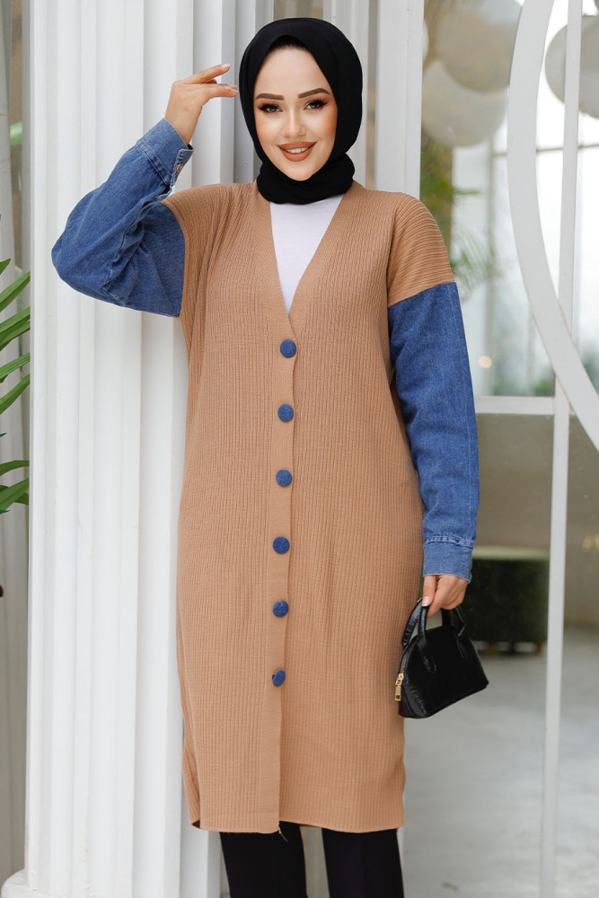 Kot Detaylı Camel Tesettür Triko Hırka 87771C - 1