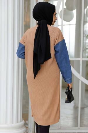 Kot Detaylı Camel Tesettür Triko Hırka 87771C - 3