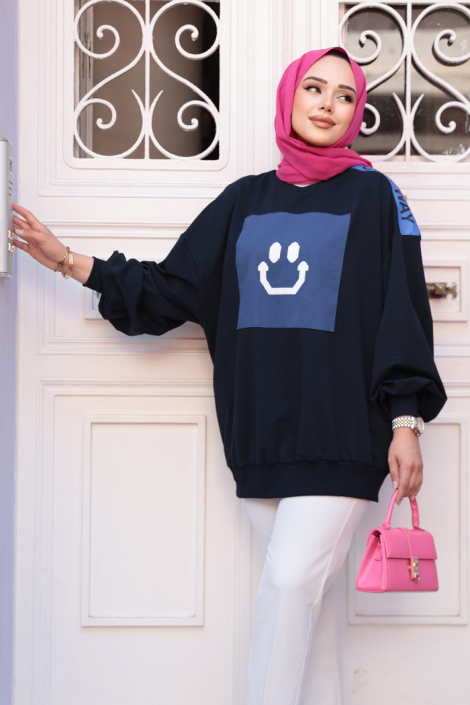 Kot Detaylı Koyu Lacivert Tesettür Tunik 20623KL - 1