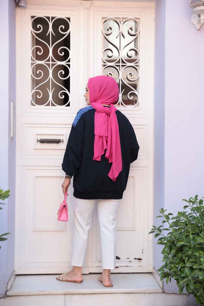 Kot Detaylı Koyu Lacivert Tesettür Tunik 20623KL - 3