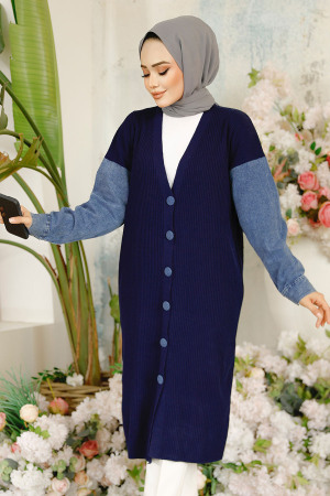 Kot Detaylı Lacivert Tesettür Triko Hırka 87771L - 1