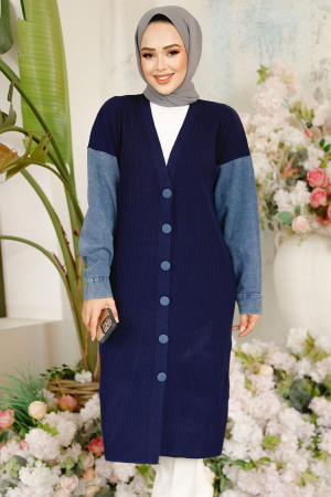 Kot Detaylı Lacivert Tesettür Triko Hırka 87771L - 2