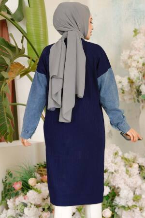 Kot Detaylı Lacivert Tesettür Triko Hırka 87771L - 3