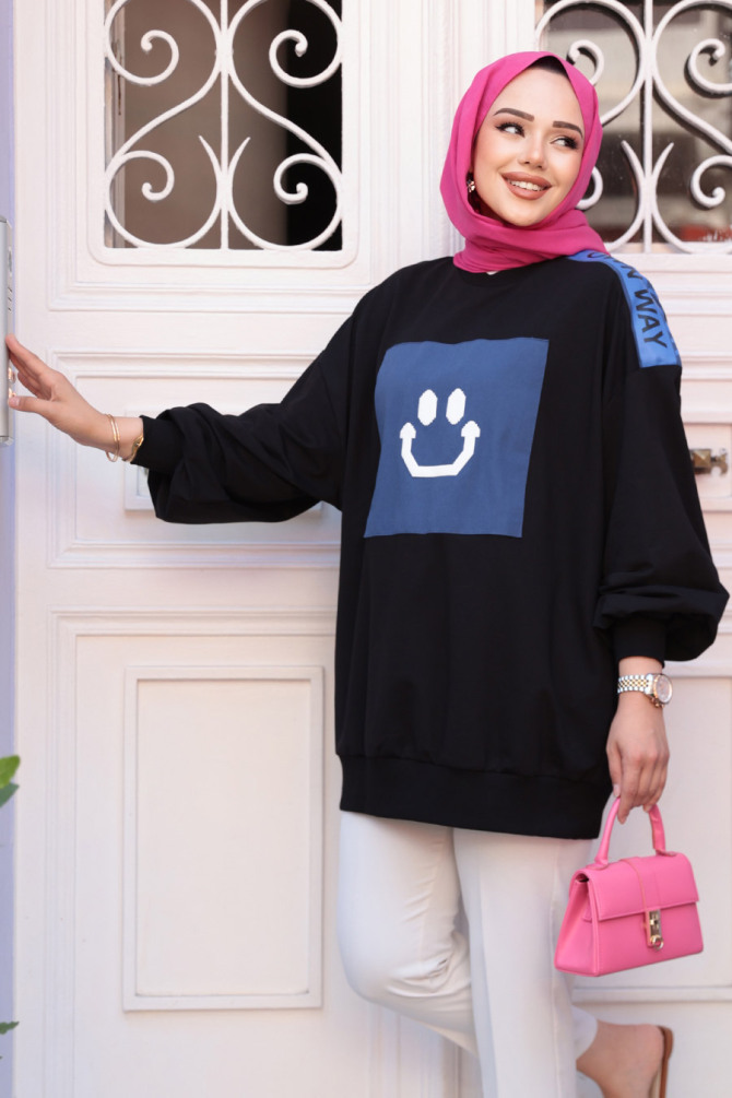 Kot Detaylı Siyah Tesettür Tunik 20623S - 1