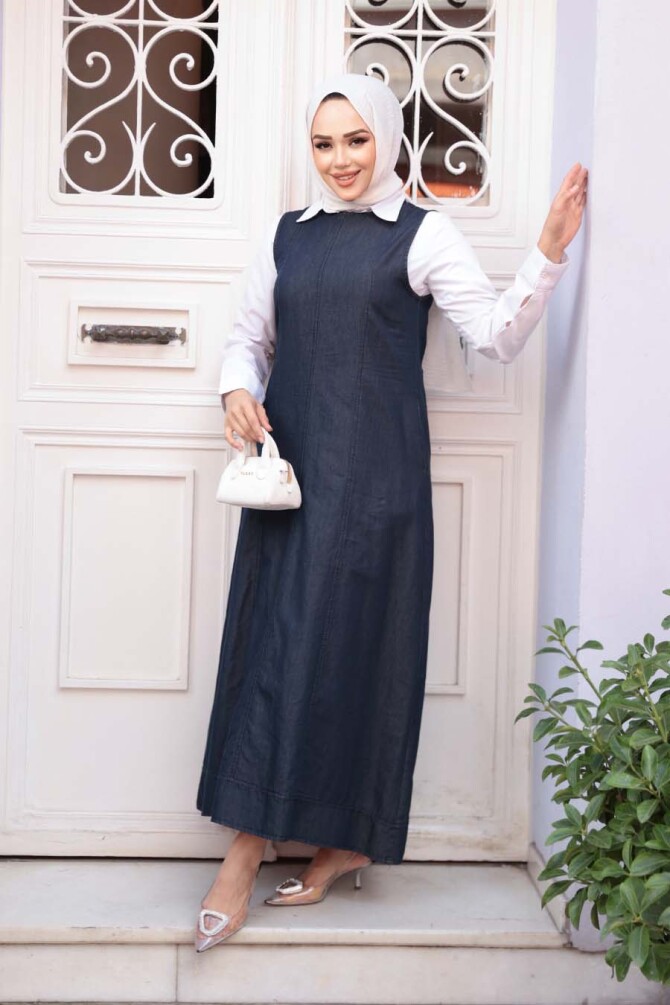 Kot Lacivert Tesettür Jile Elbise 24121L - 3