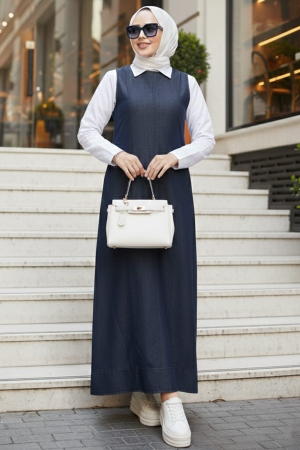 Kot Lacivert Tesettür Jile Elbise 24121L - 1