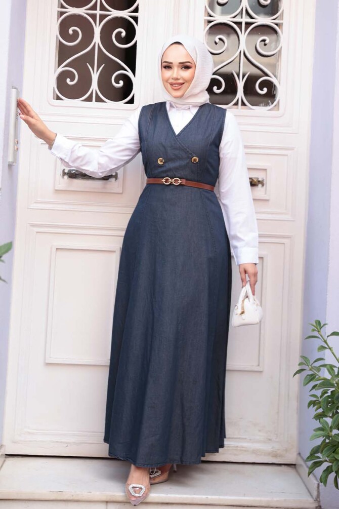 Kot Lacivert Tesettür Jile Elbise 24141L - 1