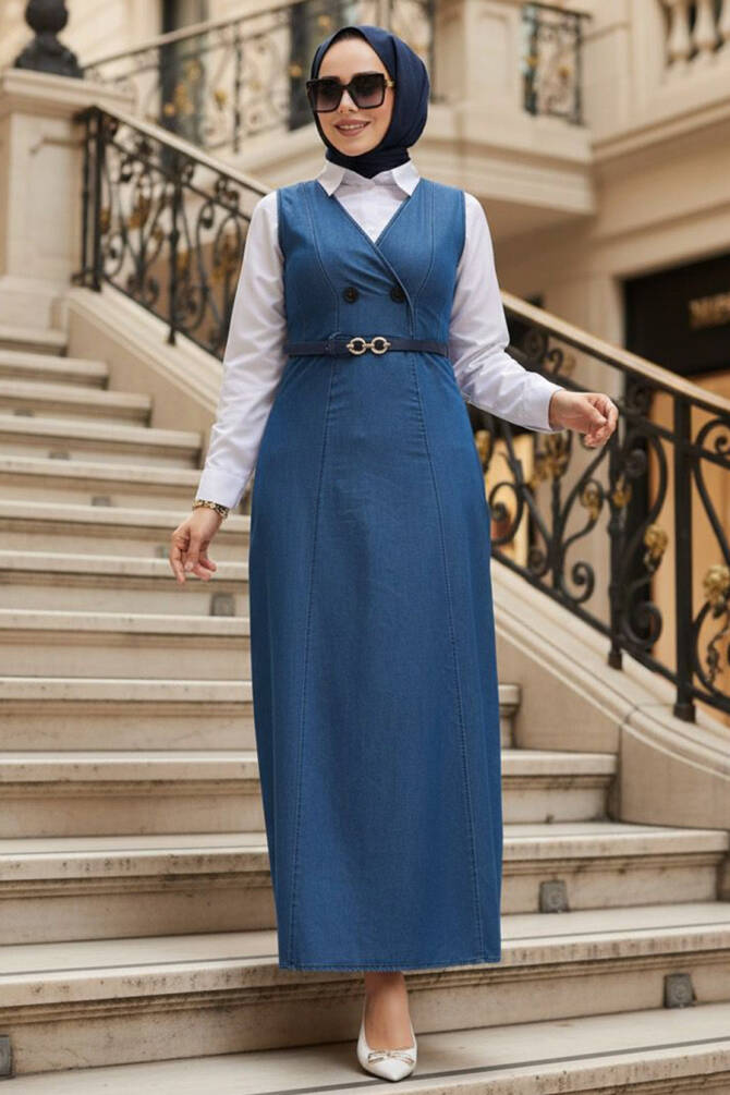 Kot Lacivert Tesettür Jile Elbise 7182L - 1