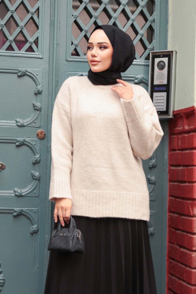 Koyu Bej Tesettür Triko Kazak Tunik 87181BEJ - 1