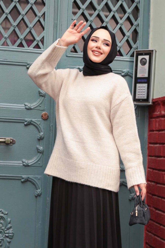 Koyu Bej Tesettür Triko Kazak Tunik 87181BEJ - 2