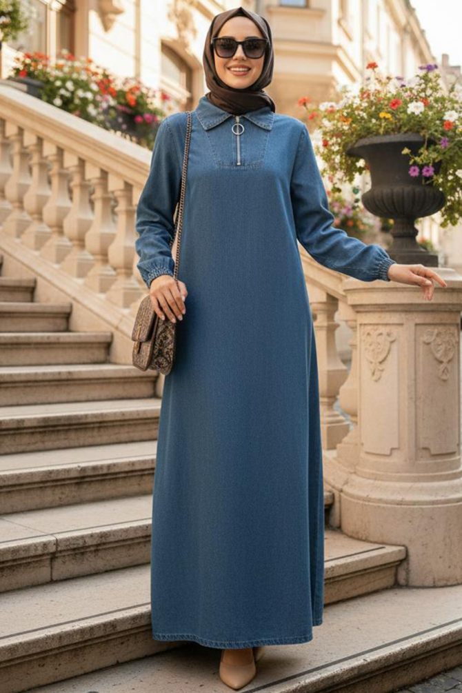 Koyu Blue Modest Denim Dress 72701KM - 1