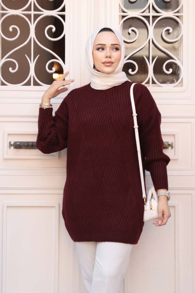Koyu Bordo Tesettür Triko Kazak Tunik 7852KBR - 3
