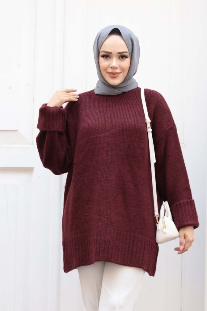Koyu Bordo Tesettür Triko Kazak Tunik 87181KBR - 3