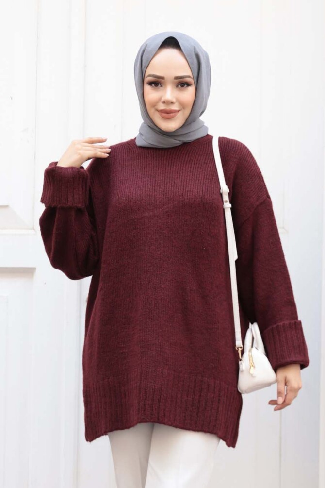 Koyu Bordo Tesettür Triko Kazak Tunik 87181KBR - 1