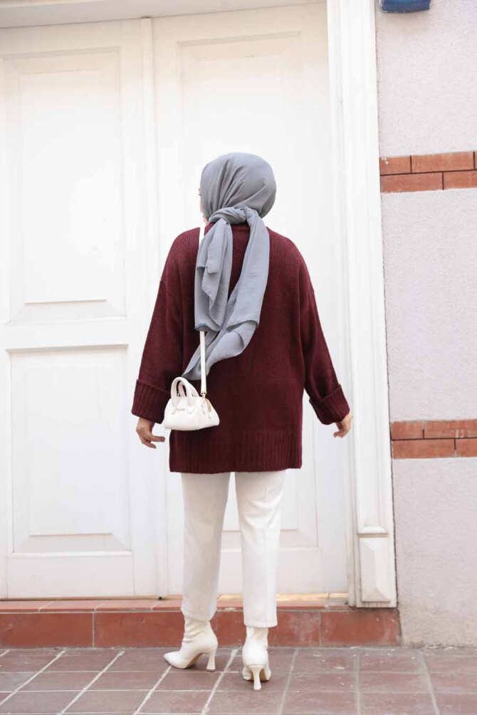 Koyu Bordo Tesettür Triko Kazak Tunik 87181KBR - 4
