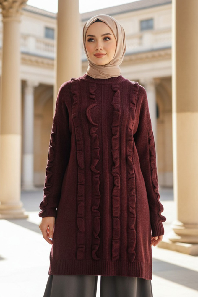 Koyu Bordo Tesettür Triko Kazak Tunik 87703KBR - N.S NEVA STYLE