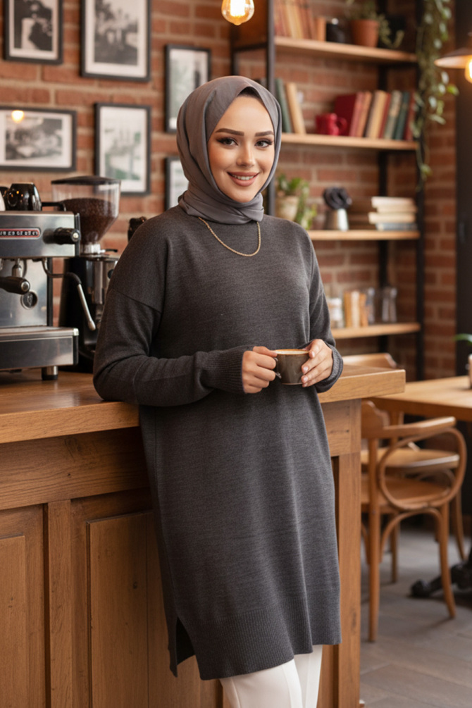Koyu Füme Tesettür Triko Kazak Tunik 17203KFU - 1