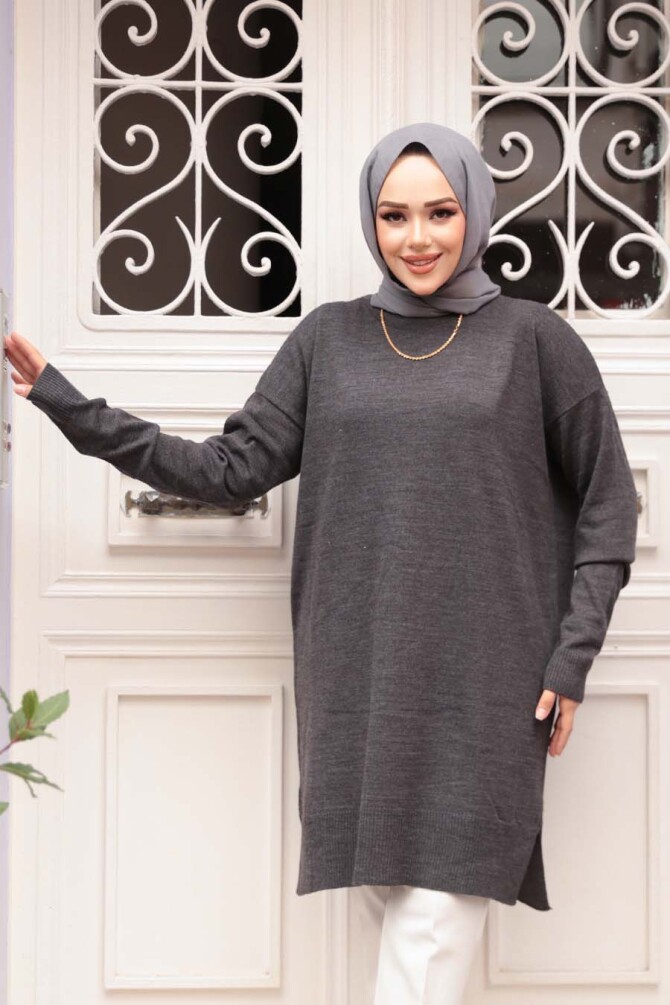 Koyu Füme Tesettür Triko Kazak Tunik 17203KFU - 1