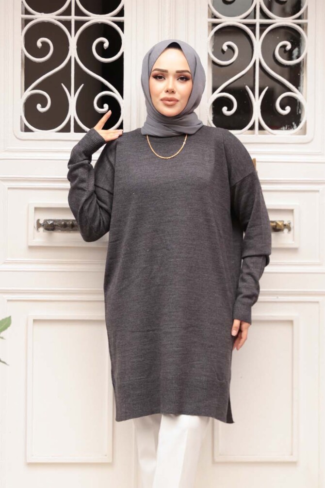 Koyu Füme Tesettür Triko Kazak Tunik 17203KFU - 2