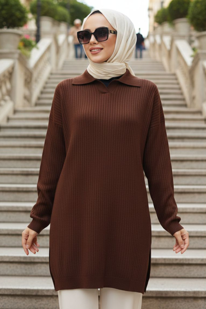Koyu Kahverengi Tesettür Triko Kazak 10921KKH - 1