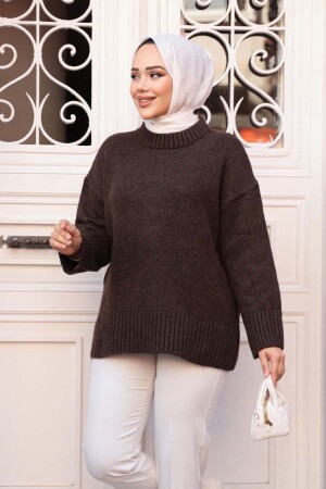 Koyu Kahverengi Tesettür Triko Kazak Tunik 55551KKH - 3